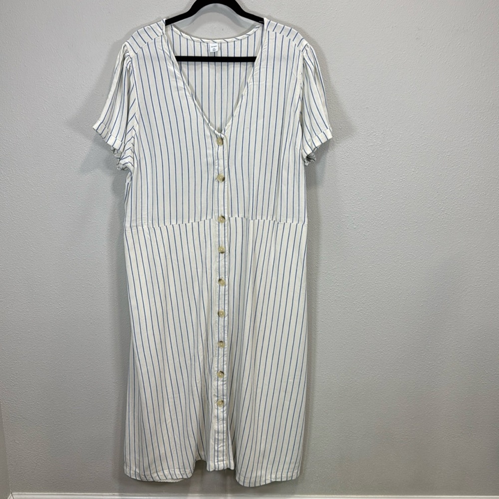 Old Navy linen blend midi dress cream blue stripes v neck